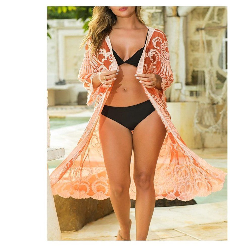 Women's Sexy V Neck Swimsuit Cover Up (Orange, White)